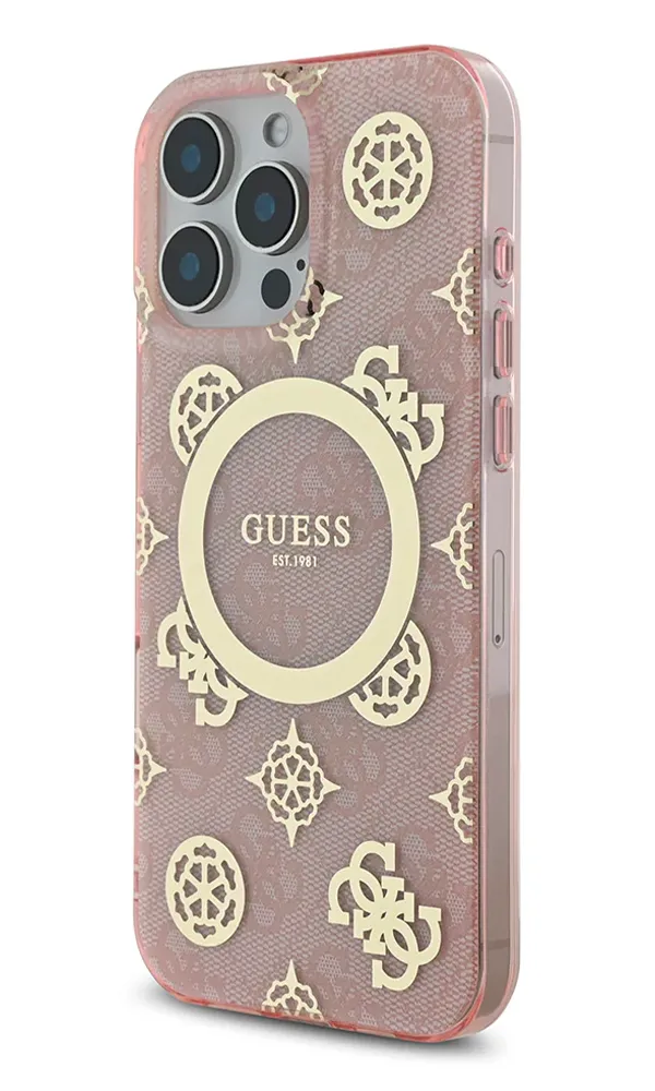 iPhone 16 Pro Max Kılıf Guess Orjinal Lisanslı Magsafe Şarj Özellikli IML Peony ve 4G Desenli Klasik Logolu Kapak 01 - Pembe