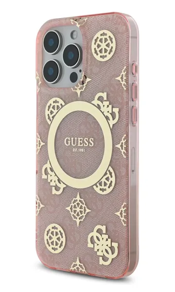 iPhone 16 Pro Max Kılıf Guess Orjinal Lisanslı Magsafe Şarj Özellikli IML Peony ve 4G Desenli Klasik Logolu Kapak 01 - Pembe